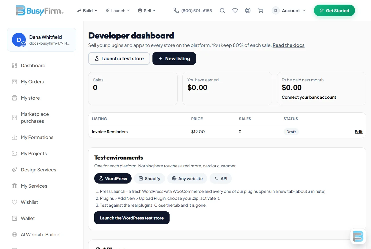 Your developer dashboard: sales, earnings, payouts, your listings and the test environments.