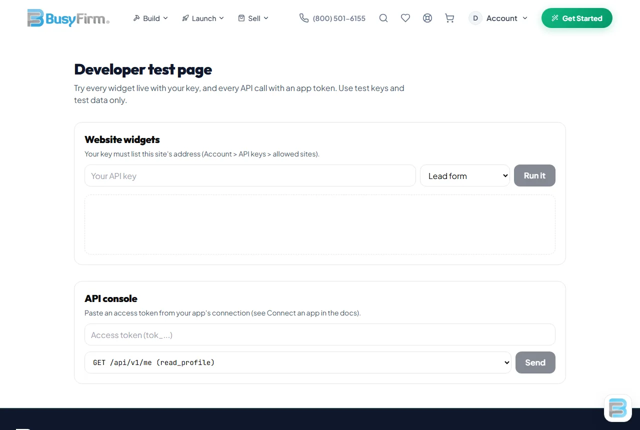 The test page: run any widget with your key, and every API call with an app token.