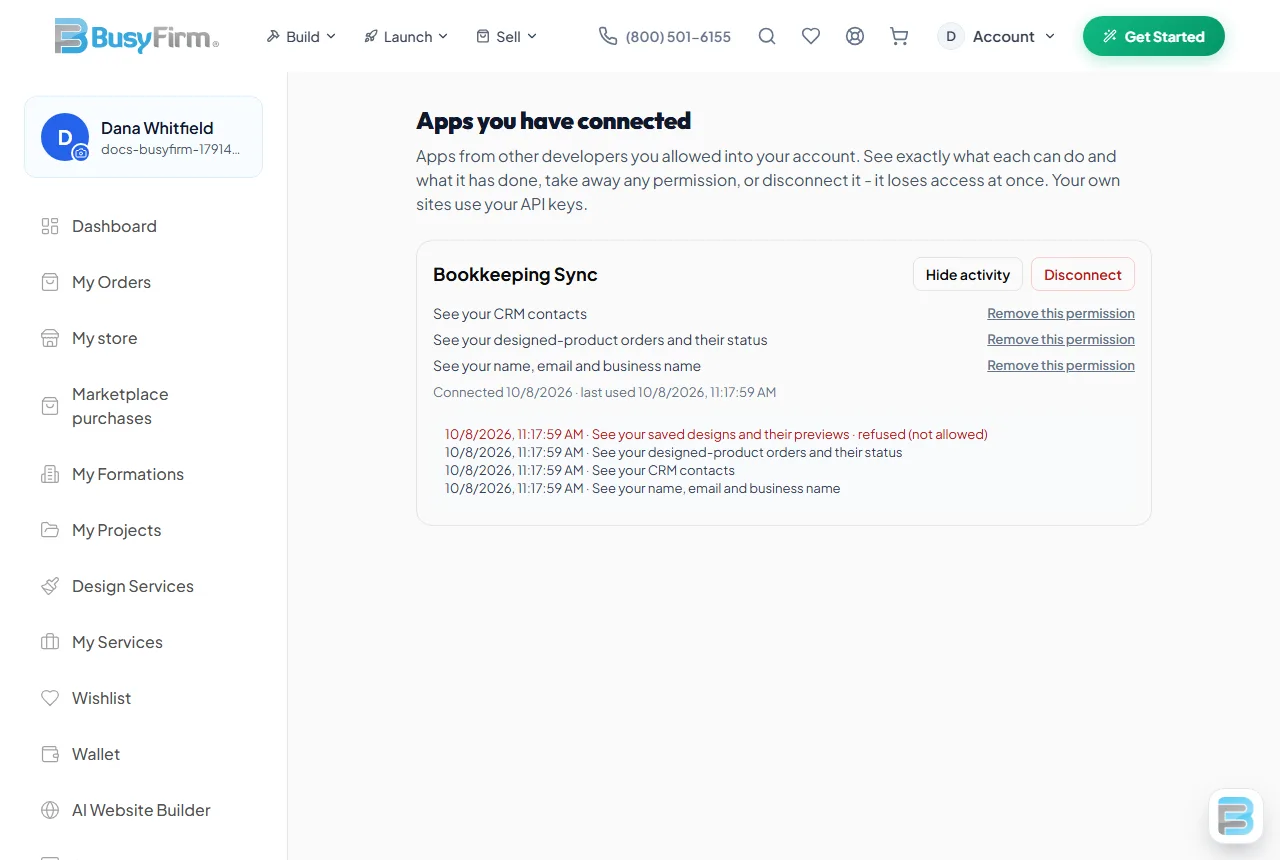 Owners see each connected app, what it did, and can remove one permission or disconnect it.