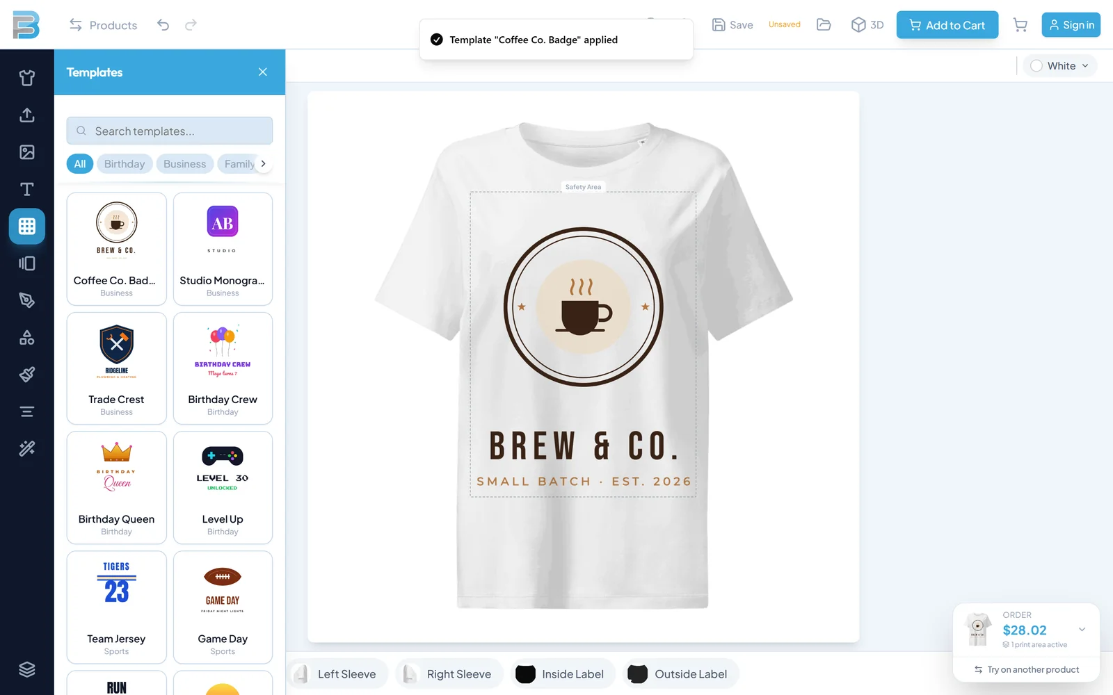 A logo-style design on a white tee in one click