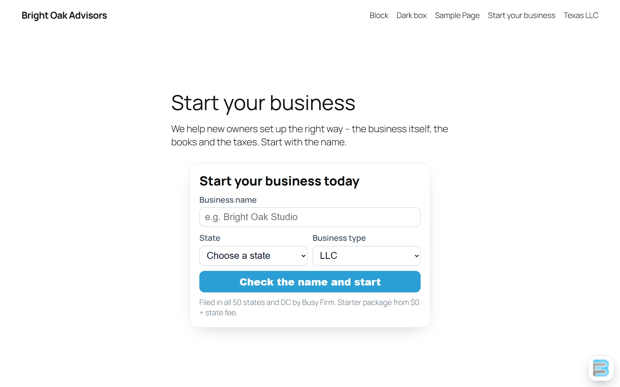 A name box, state and business type on any page