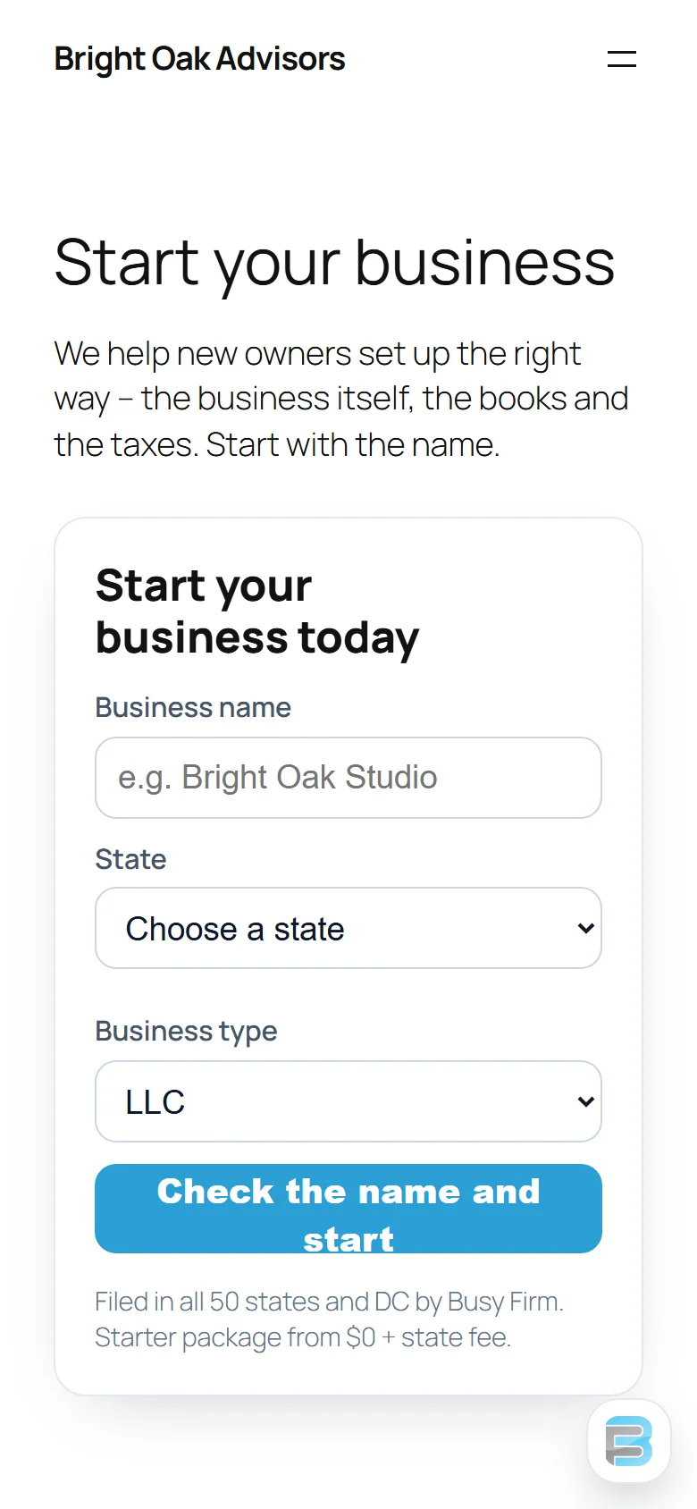 A name box, state and business type on any page