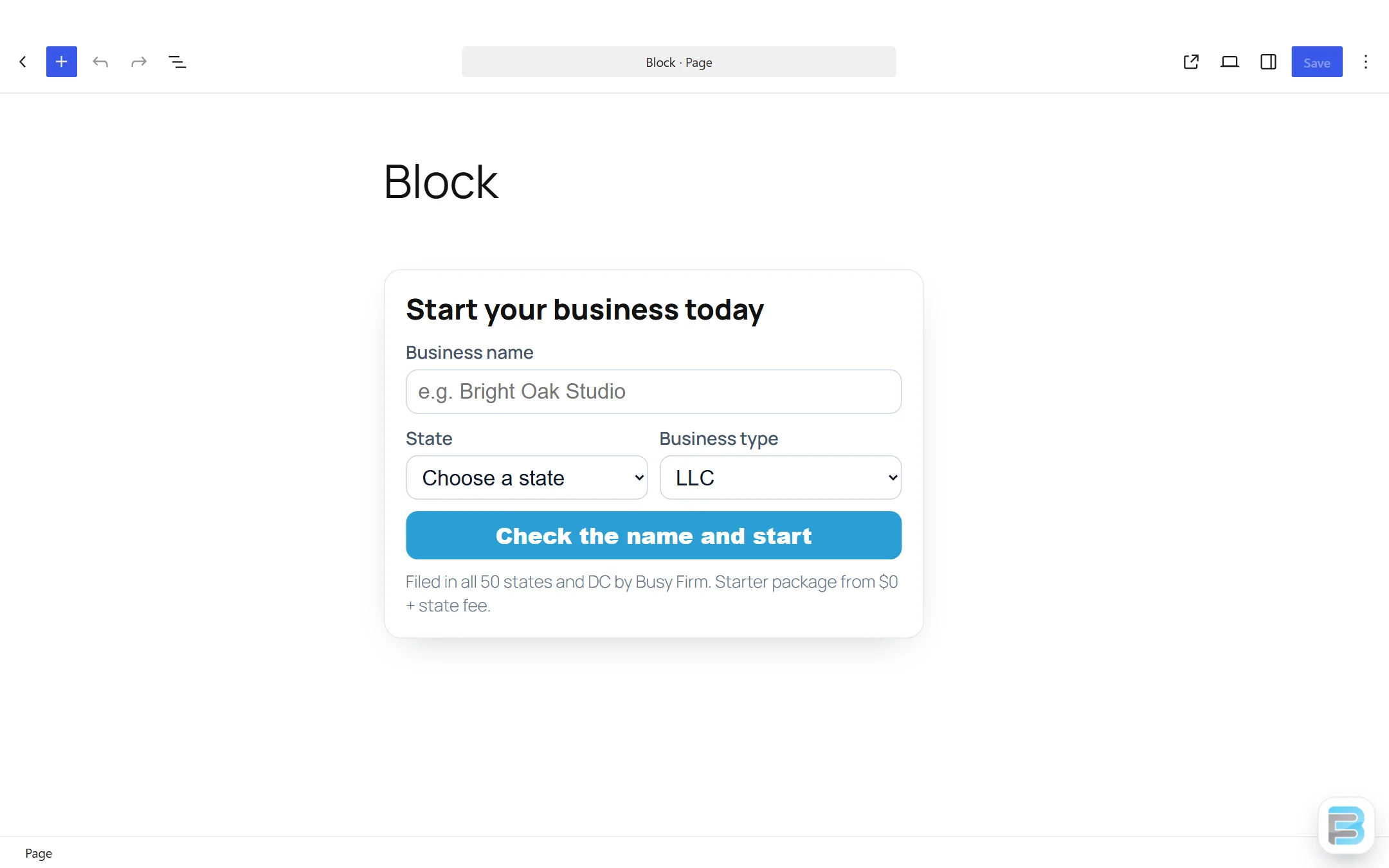 A Business formation block for the block editor