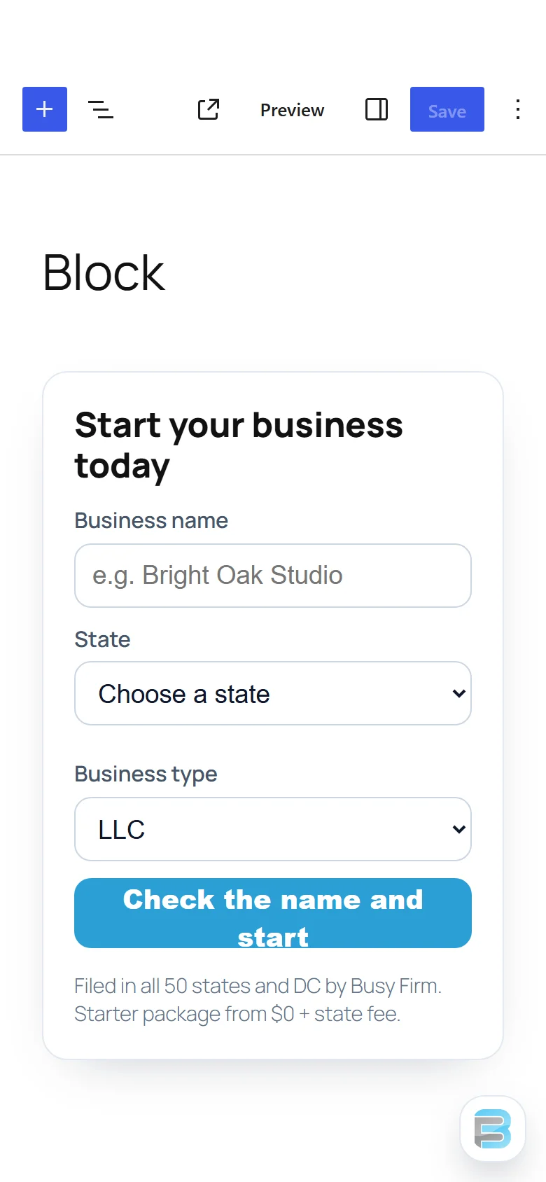 A Business formation block for the block editor