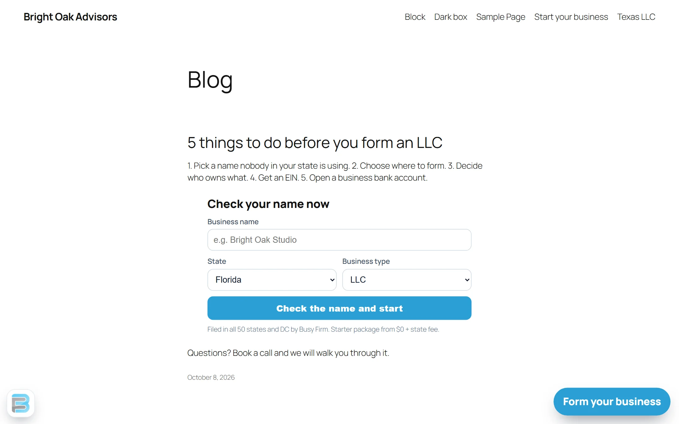 A Form your business button on every page