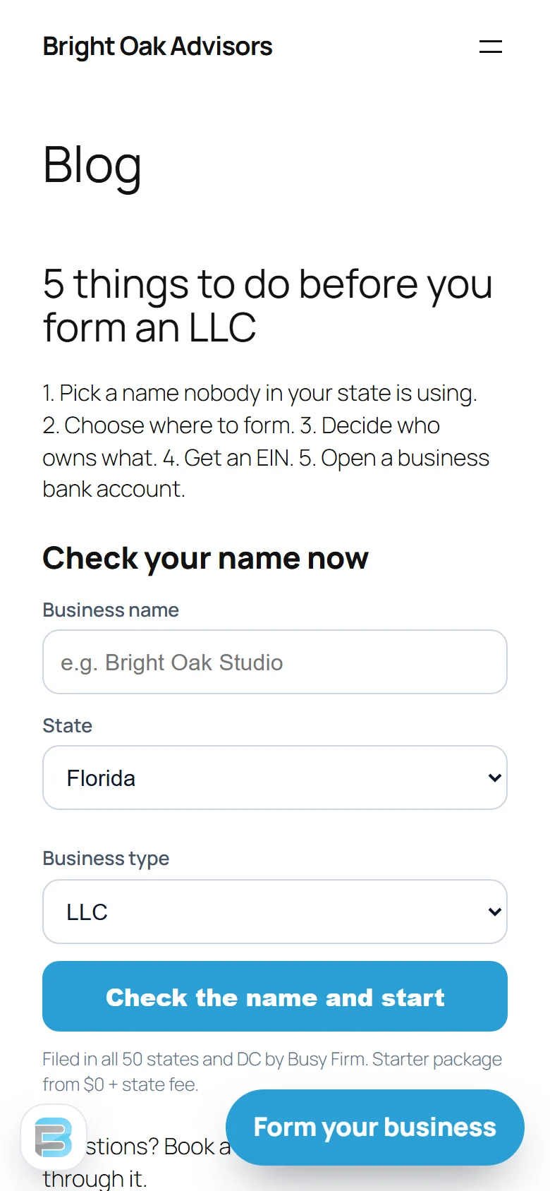 A Form your business button on every page