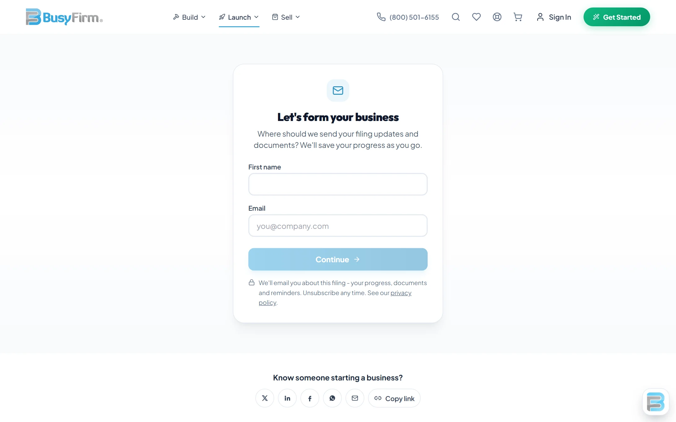 One click into the formation wizard - an email first, so progress is saved