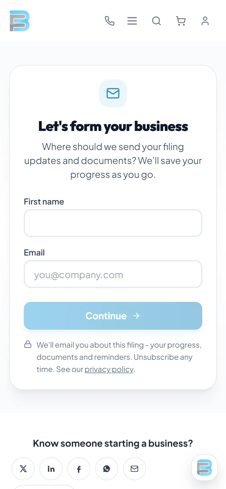 One click into the formation wizard - an email first, so progress is saved