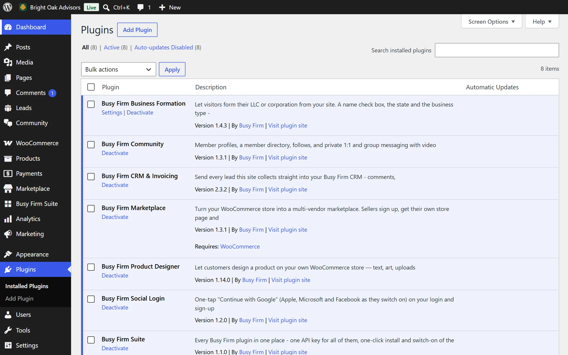 WordPress plugin suite installed